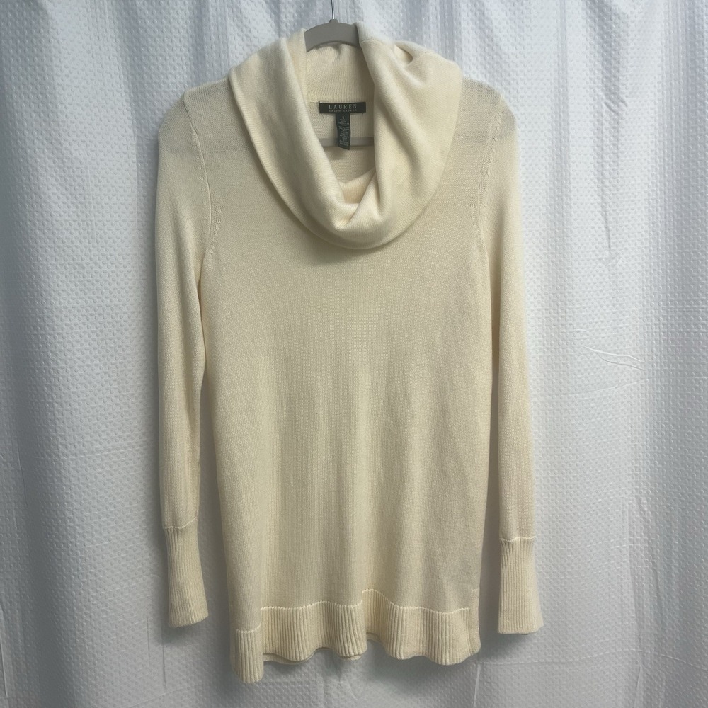 Ralph Lauren Women's Ivory Wool Blend Cowl‎ neck Tunic Sweater Small Classic
